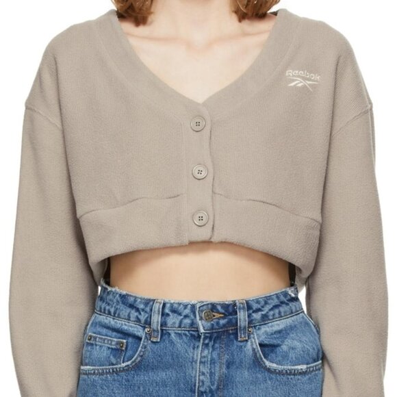 Reebok Beige Fleece Long-sleeve Crop Top - Picture 1 of 3